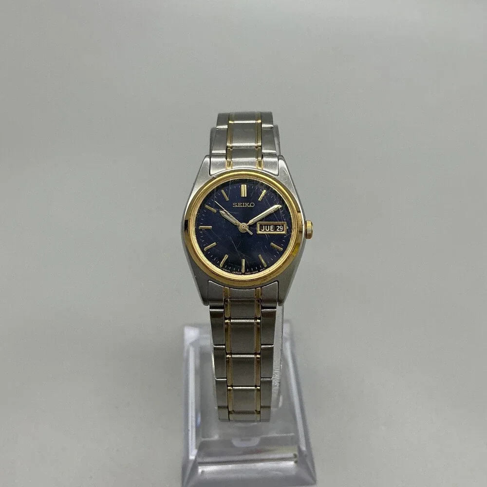 Vtg Seiko Womens Watch 24mm Blue Two Tone Day Date New Battery 6.75